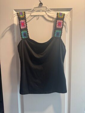 SHEIN Black Tank Top with Multicolor Crochet Straps